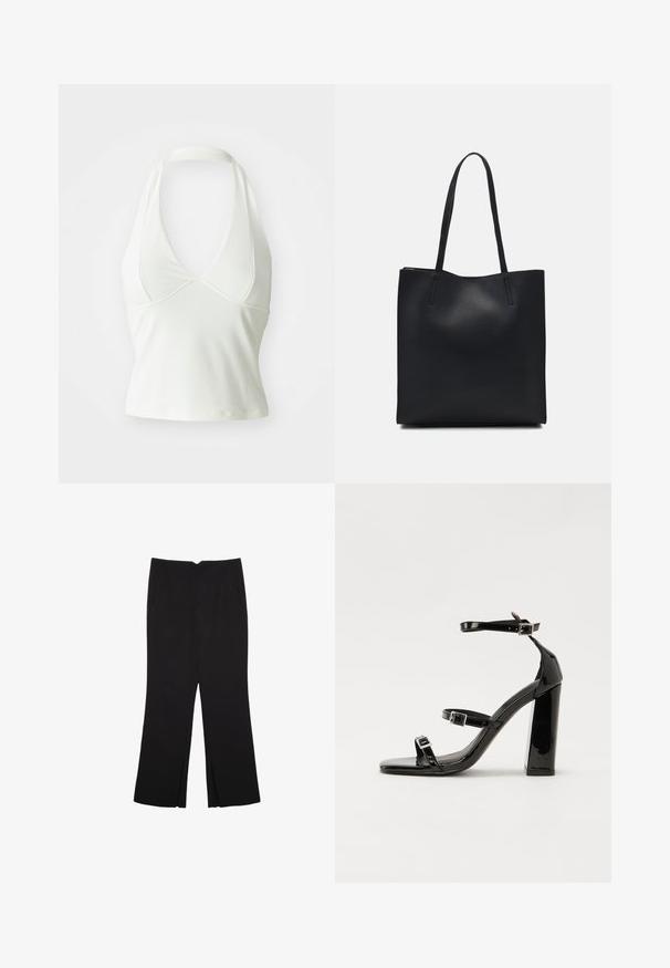 Hvid top med halterneck og dyb V-udskæring, lavet af glat, strækbart stof. Har et tætsiddende design og en cropped silhuet.; Sorte bukser med lige pasform, der har frontlommer og slidser i kanten. Lavet af blødt, glat stof. Velegnet til forskellige anledninger.; Sorte patenterede hælsandaler med firkantet tå, ankelremme og sølvspænder. Har en chunky blokHæl for stabilitet.; Sort læder tote taske med glat tekstur, rektangulær form og to lange hanke. Ingen synlig hardware eller udsmykninger.