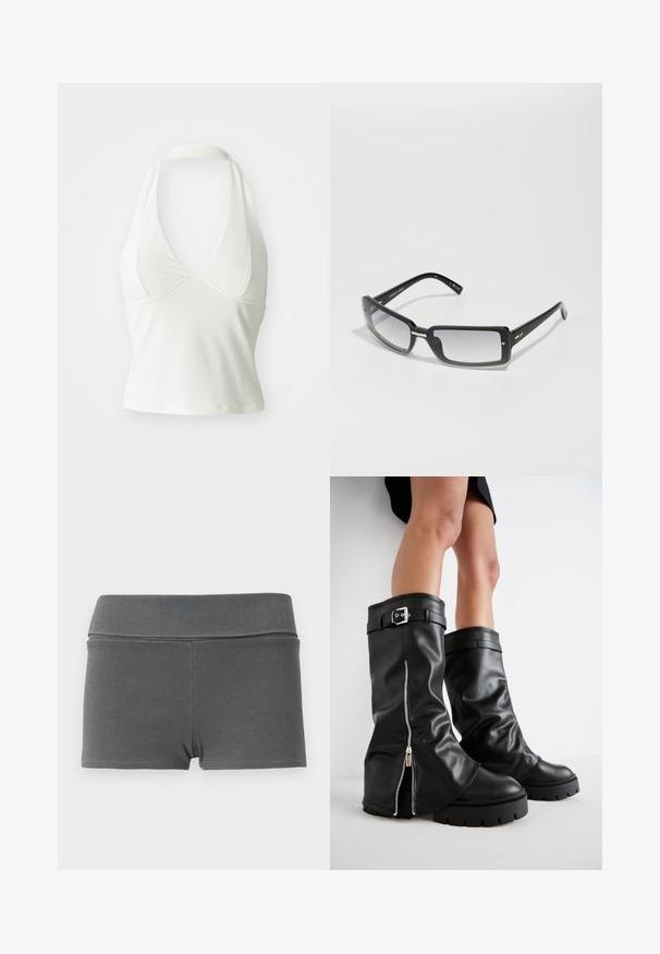 Valkoinen halterneck-toppi, jossa on syvä V-pääntie, valmistettu sileästä ja joustavasta kankaasta. Siinä on kiinteä malli ja lyhyt siluetti.; Tummanharmaat ribbi-kankaiset shortsit, joissa on leveä vyötärönauha. Ominaisuuksiin kuuluu istuva muotoilu, sileä pinta ja ei näkyviä kiinnityksiä tai yksityiskohtia.; Musta nahkainen polvipitkä saappaat, joissa on leveä varsi, sivuzip, solkiyksityiskohta, teksturoidu pinta ja paksu kumipohja.; Mustat suorakulmaiset aurinkolasit, joissa on gradienttilinssi, paksu kehys ja metalliset yksityiskohdat varsissa. Sileä pinta koko ajan.; Laukku kantokahvoilla, valmistettu läpinäkyvästä muovista. Etupuolella yhdeksän pyöreää metallista koristeelementtiä järjestettynä ruudukkomuotoon.
