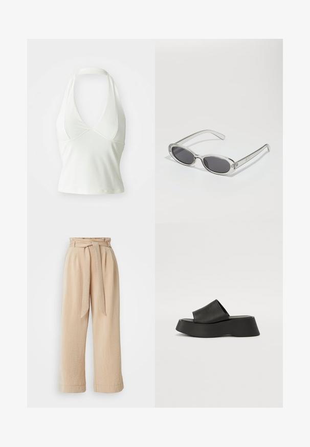 Valge halter-kaelusega topp, millel on sügav V-kaelus, valmistatud siledast ja venivast kangast. Omab paigaldatud disaini ja lühikest siluetti.; Bežid laiad püksid, millel on rihmaga vöö, valmistatud tekstuurlisest kangast. Omavad esikurtse ja sujuvat viimistlust ääres.; Mustad musttal töötavad sandaalid, millel on lai rihm ja paks tald. Valmistatud siledast materjalist, millel on mati viimistlus ja nähtavaid metallosade pole.; Ovaalsed prillid, millel on selge plastraam, tumehallid läätsed ja õhukesed läbipaistvad sangad, kus on logode aktsendid ja minimaalne detailirohkus.; Beež struktuurne käekott V-kujuga ülaosaga, sile nahkmaterjal, lühikesed sangad ja pikk reguleeritav rihm. Minimalistlik disain.
