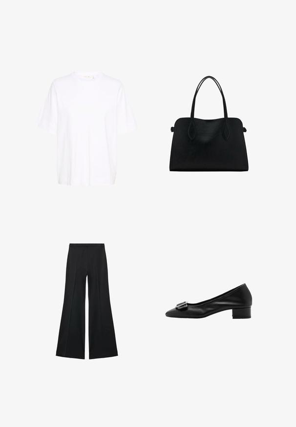 Maglietta bianca realizzata in cotone morbido, con collo rotondo, maniche corte e larghe, e orlo dritto senza motivi o dettagli visibili.; Maglietta nera a maniche lunghe in tessuto morbido, con colletto classico, chiusura frontale con bottoni dorati e polsini ampi.; Pantaloni neri a gamba larga con una texture liscia, caratterizzati da pieghe frontali e un design sartoriale. Il tessuto è leggero e fluido.; Pumps in pelle nera con punta affusolata, tacco basso a blocco e dettaglio decorativo con fibbia sul davanti. Texture liscia e design semplice.; Borsa a mano in pelle nera con doppio manico, forma rettangolare e design minimalista su sfondo bianco.