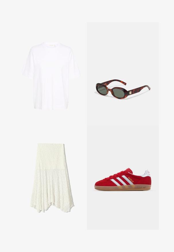 Hvid t-shirt lavet af blødt bomuld, med rund hals, løse korte ærmer og en lige søm uden synlige mønstre eller accenter.; Hvid blonde nederdel med et struktureret mønster, udstyret med en asymmetrisk kant og en let flydende silhuet, lavet af et letvægtsstof.; Rød ruskinds sneakers med hvidt tre-stribedesign og guld "Gazelle" tekst. Har en gummisål og en tekstureret hæl.; Skildpaddemønstrede solbriller med mørke linser, oval form og brede stænger. Har en lille gylden detalje på siden. Glat plastmateriale.