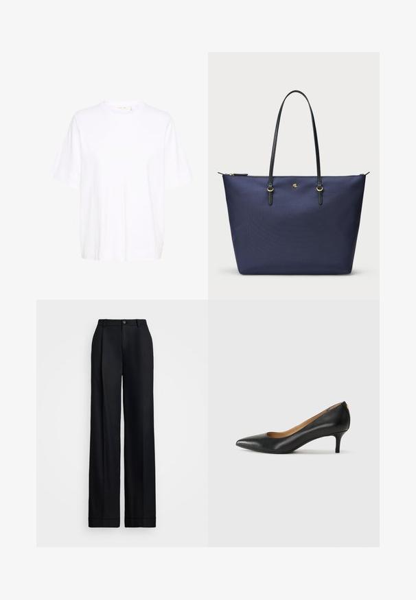Witte t-shirt gemaakt van zachte katoen, met een ronde hals, losse korte mouwen en een rechte zoom zonder zichtbare patronen of accenten.; Zwarte wijde broek met een gladde afwerking, een vlakke voorkant, riemlussen en een enkele knoopsluiting bij de taille.; Zwarte leren pump met een puntige teen, lage hak en een gladde textuur. Heeft een lichte opening aan de voorkant en minimale hardware aan de achterkant.; Navyblauwe totebag gemaakt van textiel, met zwarte leren handvatten en gouden hardware details. Ritsluiting aan de bovenkant.