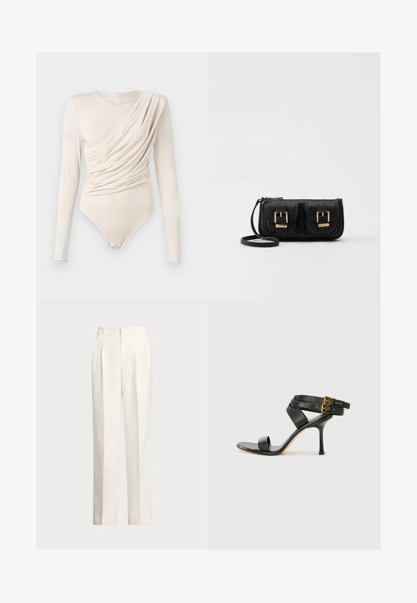 Body de manga larga beige con drapeado en la parte frontal, textura suave y cierre a presión en la parte inferior. Diseño elegante y ajustado.; Polo Ralph Lauren HEMP WIDE LEG PANT - Pantalones - nevis; Sandalia negra de tacón con correas cruzadas y hebilla ajustable. Presenta una textura suave y un tacón de aguja afilado.; Bolso cruzado de cuero negro con dos bolsillos frontales, hebillas doradas, cierre de cremallera y una correa delgada. Superficie texturizada y forma rectangular compacta.