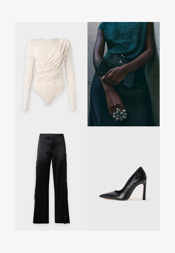 Beiger Langarm-Bodysuit mit drapiertem Vorderteil, glatter Textur und Druckknopfverschluss im Schritt. Elegantes und tailliertes Design.; Schwarze Satin-Hosen mit weitem Bein, die Fransenverzierungen entlang der Seitennähte und einen flachen, elastischen Bund haben. Rückseite schlicht ohne Taschen.; Schwarzer, spitz zulaufender High Heel mit Krokodilleder-Struktur, elegantem Design, hohem Stiletto-Absatz und glattem schwarzen Innenraum.; Schwarze Clutch-Tasche im Kroko-Design mit silbernen Beschlägen, vor einem strukturierten grauen Hintergrund gehalten. Verfügt über eine glänzende Oberfläche.