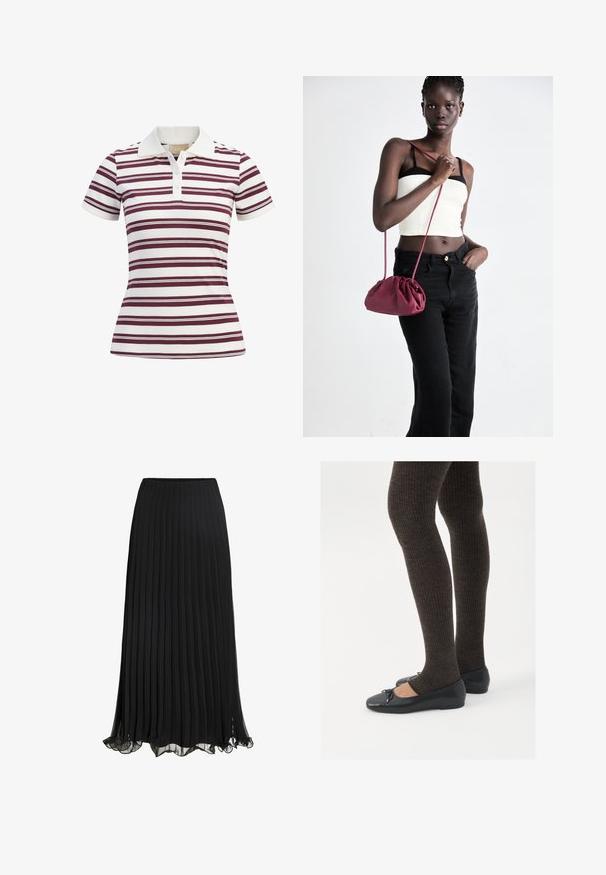 Pánská polo tričko s krátkým rukávem, které má horizontální pruhy v bordové a bílé barvě, vyrobené z měkké látky s klasickým límečkem a tříknoflíkovou légu.; Černá plisovaná maxi sukně vyrobená z lehkého materiálu s volným designem. Disponuje volánkovým lemem a elastickým pasem pro pohodlí.; Černé ploché boty s malou mašlí na špičce, kombinované s tmavě hnědými žebrovanými punčochami. Boty mají hladký povrch a nízký profil.; Burgundská měkká taška s nabíraným designem a dlouhým popruhem, nošená přes tělo. Model má na sobě bílý crop top a černé džíny.