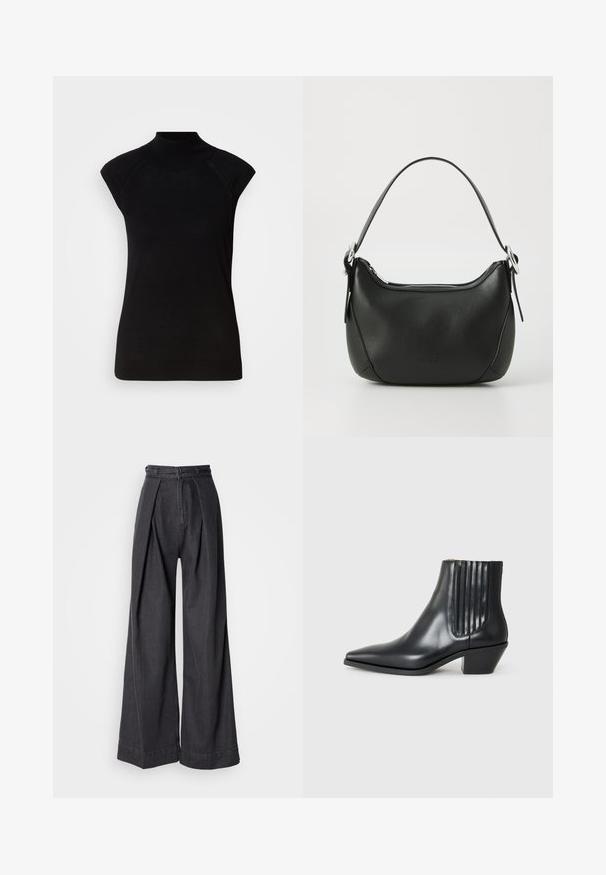 Melnas bez piedurknēm topiņš ar augstu kakla izgriezumu un raglanu stila šuvēm, attēlojot minimālistisku dizainu uz baltā fona.; Platas kājas melni džinsa bikses ar augstu jostasvietu, ar priekšējiem krokām un klasisku rāvējslēdzēju. Ass, līdzenas tekstūras apdare.; Melnas ādas potītes zābaki ar izsistu purngali, elastīgām sānu paneļiem ar vertikālām grodām un zemu bloku papēdi. Gluda tekstūra un elegants dizains.; Melnas ādas rokassoma ar izliekumu formu, sudraba rāvējslēdzis un īsu rokturi. Priekšpusē ir smalks logo un gluda tekstūra.