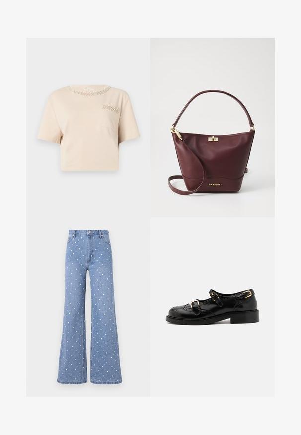 Béžové tričko s krátkým rukávem a kulatým výstřihem zdobené korálkovým detaily a malou kapsičkou na hrudi s podobným korálkovým vzorem.; Svetle modré rozšířené džíny s tečkovaným vzorem bílých a stříbrných cvočků, se standardním pasem a předním zapínáním na knoflík.; Černé kožené boty s brogue detaily, vybavené dvěma sponami, zaoblenou špičkou a nízkým podpatkem. Hladký povrch s lesklým finišem.; Burgundská kožená kabelka se strukturovaným tvarem, plochým dnem, zaoblenou rukojetí a zlatými doplňky, včetně spony a detailu s logem.