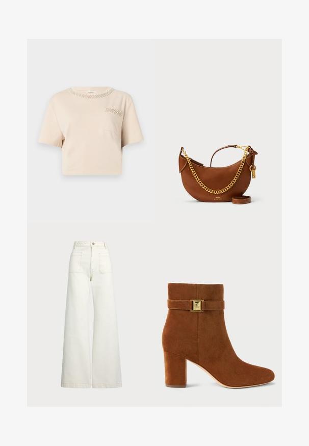 Beżowa koszulka z krótkim rękawem o okrągłym dekolcie, ozdobiona detalami z koralików oraz małą kieszonką na piersi z podobnym wzorem z koralików.; Spodnie dżinsowe o szerokich nogawkach w odcieniu off-white. Wysoki stan z zapięciem na guzik, dwiema kieszeniami z przodu i detalami z kontrastowym przeszyciem.; Brązowy zamszowy botek na kostkę z blokowym obcasem. Posiada złotą klamrę na pasku w okolicy kostki oraz gładki, zwężający się czubek.; Brązowa skórzana torebka o zaokrąglonym kształcie, z złotym łańcuszkiem, wewnętrzną kieszenią oraz odczepianym paskiem na ramię. Posiada kontrastowe przeszycia.