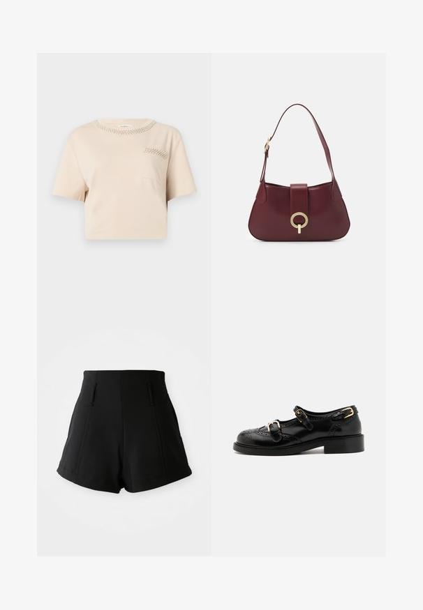 Beige kortærmet T-shirt med rund halsudskæring pyntet med perledetaljer og en lille brystlomme med et lignende perlemønster.; Højtaljede sorte shorts lavet af glat stof, udstyret med to frontlommer, en skræddersyet pasform og rene, enkle linjer.; Sorte lædersko med brogue-detaljer, der har to spænder, rund tå og lav hæl. Glat tekstur med blank finish.; Bordeaux læderhåndtaske med en kurvet form, et gyldent cirkulært hardware-accents og en enkelt skulderrem. Glat tekstur, minimalistisk design.