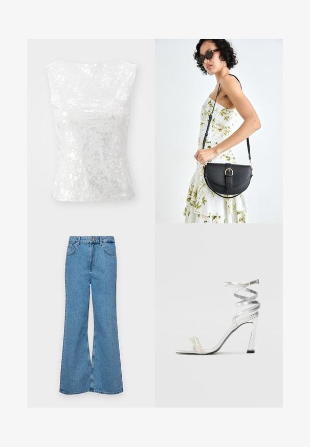 Weekday SPLATTER - Top - silver; Light blue flared jeans made of denim, featuring a high waist, five pockets, and a single button closure. Soft texture with faded finish.; Silver high-heeled sandal with a shiny strap design, featuring a pearl-like accent and a spiraled ankle strap for secure fit.; Black leather handbag with a curved shape, detachable strap, and gold hardware. The bag features a flap with a buckle detail.
