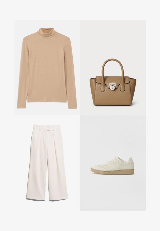 Maglione a collo alto beige con maniche lunghe, realizzato in un tessuto morbido e testurizzato; presenta una vestibilità aderente e un collo alto. Senza motivi visibili o elementi metallici.; Pantaloni a gamba larga di un colore crema chiaro, realizzati in tessuto morbido con due tasche frontali e cuciture visibili sulla vita.; Sneaker beige in suede con un design testurizzato, suola piatta in gomma e cuciture laterali distintive. Punta rotonda e dettagli con colletto imbottito.; Lauren Ralph Lauren PEBBLED LEATHER SMALL TANNER SATCHEL - Borsa a mano - camel