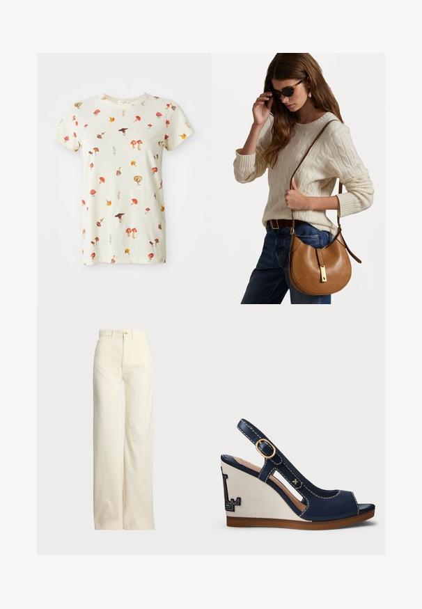 Világos bézs pamut póló, színes, szétszórt gombából készült mintával. Kerek nyakkal és rövid ujjal.; Polo Ralph Lauren COTTON CORDUROY WIDE-LEG PANT - Nadrágok - warm white; Tengerés színű wedgeszalag, nyitott orral, hátul pánttal, arany csattal és vászon wedge-vel, kontrasztos logó dizájnnal. Simára csiszolt bőr textúra.; Barna bőr válltáska ívelt formával és arany színű részletekkel. A modell krémszínű, kötött pulóvert és kék farmert visel.