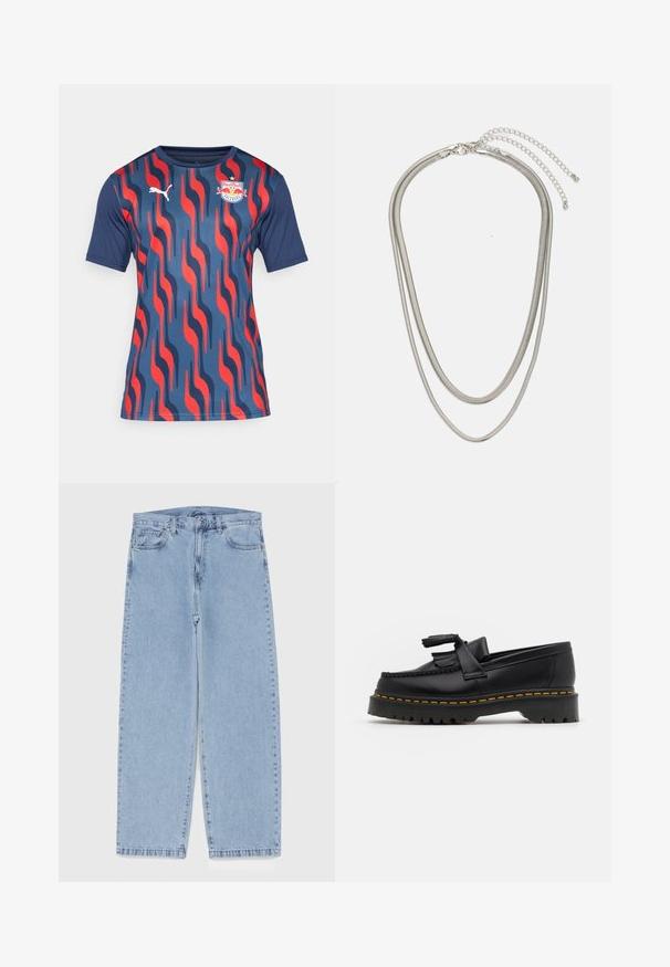 Kortärmad tröja med en marinblå bas och ett vågigt mönster i röd och blå, tillverkad av ventilerande material. Inkluderar en Puma-logotyp och lagets emblem.; Ljusblå denimjeans med rak bendesign, midjehög midja, fem fickor samt knapp- och dragkedjestängning.; Svart läderloafer med en tofsdetalj, med en kraftig svart sula och gul söm längs kanten. Strukturerad yta.; Tre-lager silvermetallhalsband med eleganta, flexibla kedjor med en svag glans, säkrad med ett kräftklämma och justerbar kedja.