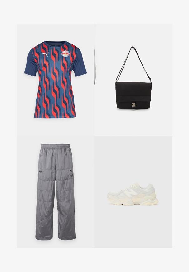 Rövid ujjú mez, tengerészkék alapú, hullámos piros és kék mintával, légáteresztő anyagból készült. Tartalmazza a Puma logóját és a csapat emblémáját.; Szürke puffernadrág rugalmas derékkal, tűzött mintázattal és egy kis fekete logóval a bal combon. Könnyű anyag.; Könnyű sportcipő, amely hálós és velúr felsőrésszel rendelkezik, lágy krémszínű árnyalatokban, vastag talppal és háromdimenziós díszítésekkel.; Fekete üzenetküldő táska sima anyagból, hajtókás fedéllel, ezüst csattal és állítható vállpánttal.