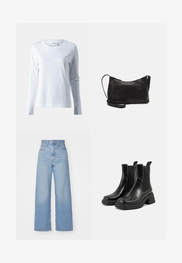 T-shirt de manga longa branca, feita de algodão macio. Apresenta um decote redondo e mangas ajustadas. Textura suave com um design simples.; Jeans de cintura alta e perna larga em azul claro, com fecho frontal de botão e zíper, bolsos frontais e traseiros, sobre um fundo branco.; Botas Chelsea em couro preto com um salto grosso, painéis laterais elásticos e costura branca em contraste. Acabamento texturizado.; Bolsa de ombro em pele preta com textura suave, forma curva, alça ajustável e fecho com zip. Design minimalista sem adornos.
