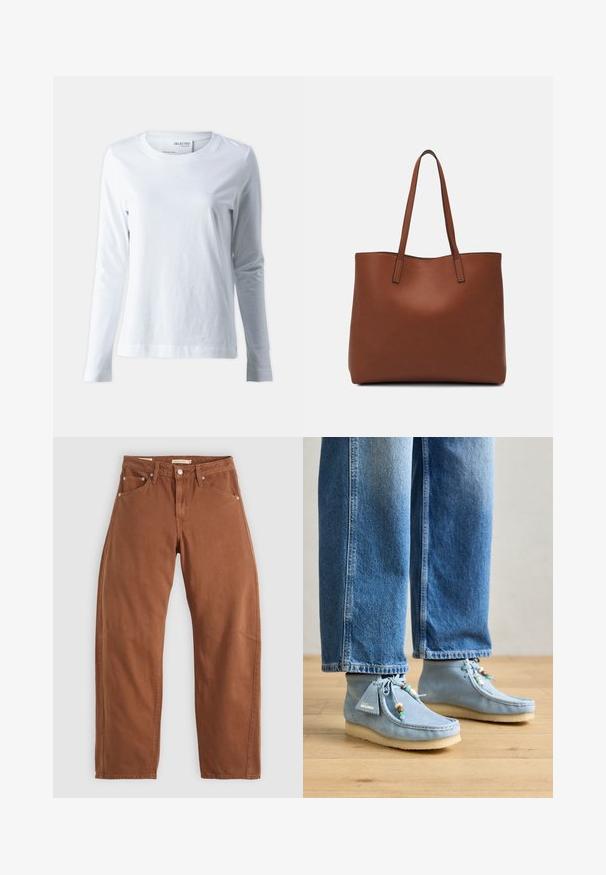 Balds garais piedurkņu T-krekls no mīkstas kokvilnas. Tam ir apaļš kakla izgriezums un piegulošas piedurknes. Gluda tekstūra ar vienkāršu dizainu.; Rūsu brūnas taisnas kājas džinsi ar priekšējām un aizmugurējām kabatām, metāla kniedēm, pogu aizdari un jostas cilpām, izlikti uz balta fona.; Clarks Originals WALLABEE - Brīvā laika šņorkurpes - powder blue; Brūna ādas iepirkumu soma ar gludu tekstūru, atvērta augšdaļa un divas plecu siksnas. Izceļas ar minimālām šuvēm un redzamu aparatūru nav.