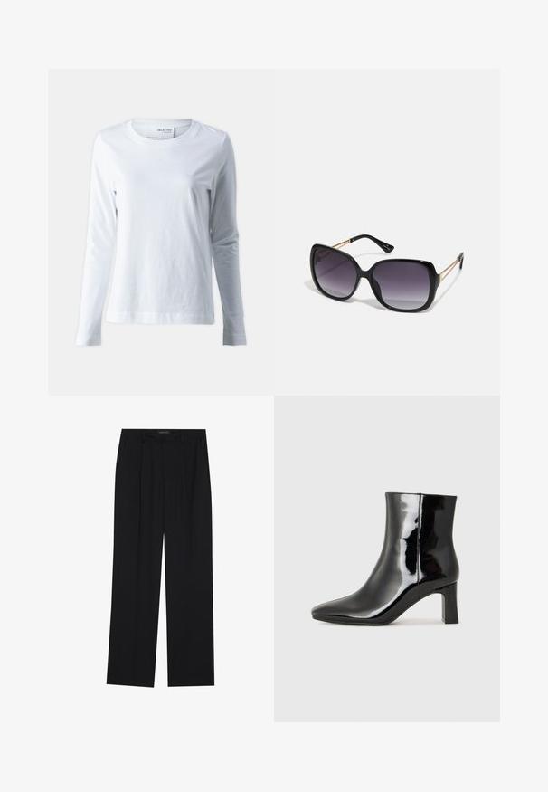 Fehér, hosszú ujjú póló, puha pamutból készült. Kerek nyakkivágással és testhezálló ujjal rendelkezik. Simább textúrája és sima dizájnja van.; Fekete nadrág egyenes szárú kialakítással, két első zsebbel és derékrésszel. Simának és könnyű anyagból készült.; Fekete lakk bőrcipő bokáig érő, hegyes orral és közepes magasságú tömbsarokkal. Simább textúrával és minimalista dizájnnal rendelkezik.; Fekete, oversize napszemüveg fokozatos árnyalatú lencsékkel, vastag kerettel és arany színű lánc díszítéssel a szárakon.