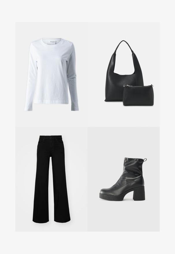 T-shirt bianca a maniche lunghe realizzata in cotone morbido. Presenta un collo rotondo e maniche aderenti. Texture liscia con un design semplice.; Pantaloni neri a gamba larga in denim, con una vita strutturata, passanti per la cintura e tasche frontali. Texture liscia con un design classico.; Stivali neri alla caviglia in pelle liscia, con zip laterale, tacco spesso e texture, e punta arrotondata.; Even&Odd Borsa a mano - black