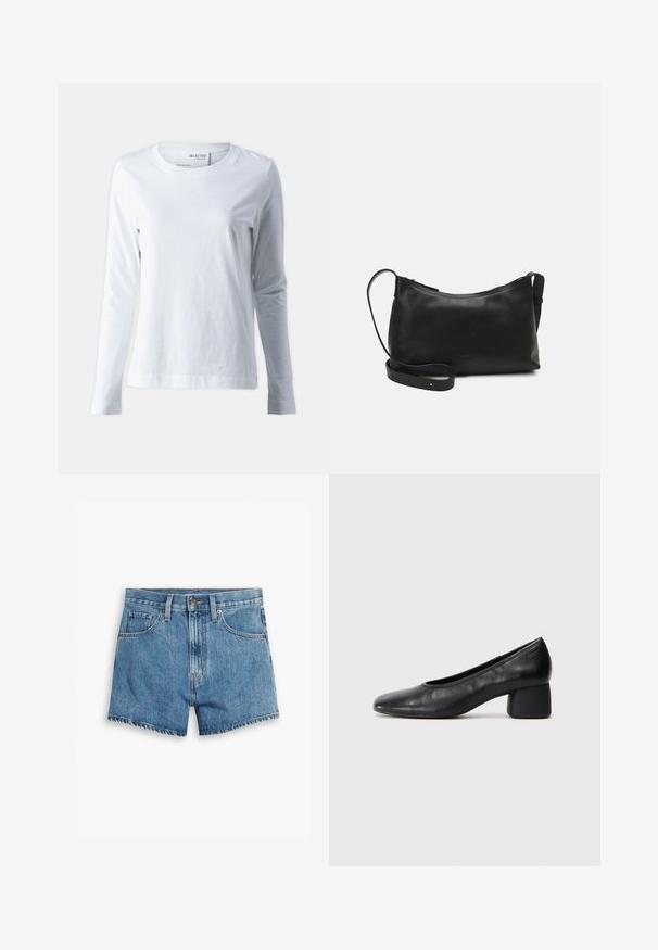 Baltos ilgomis rankovėmis marškinėliai, pagaminti iš minkštos medvilnės. Yra apvalus kaklo iškirpimas ir prigludusios rankovės. Lygi tekstūra su vientisu dizainu.; Šviesiai mėlyni džinsiniai šortai, turintys penkis kišenes, užtrauktuko užsegimą ir mygtuko uždarymą. Apačia yra nusidėvėjusi, o dizainas yra laisvo pjūvio.; Juodai odiniai aukštakulniai batai su apvaliu pirštu ir vidutiniu bloku. Lygi tekstūra su minimaliu apdailos, turinčia subtilų elastingą atidarymą.; Juodas odinis petinis krepšys su lygiu paviršiumi, išlenkta forma, reguliuojama dirželiu ir užtrauktuku. Minimalistinis dizainas be puošmenų.