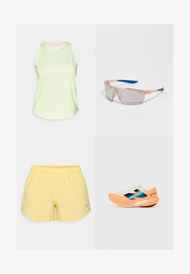 Haut de sport sans manches vert clair en tissu lisse, avec un col rond et un petit logo blanc sur la poitrine.; Shorts de sport jaunes avec une taille élastique et un petit logo gris en bas à droite. Tissu lisse, léger et coupe courte.; Chaussure de course avec une tige légère couleur crème, un logo bleu et des accents orange sur la semelle. Texture en maille pour la respirabilité.; Lunettes de soleil Nike Course avec une monture transparente pêche, des accents bleus et des verres irisés. Design angulaire avec une esthétique sportive.