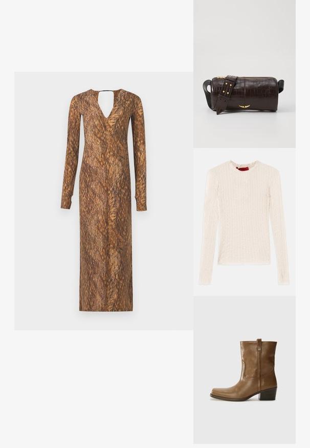 Bluză crem cu mâneci lungi, prezentând un model texturat cu linii ondulate. Guler rotund cu un etichetă de branding subtilă pe interior.; Rochie cu mânecă lungă, decolteu în V și spate cu deschidere, având o textură și un model maroniu asemănător blănii pe toată suprafața stofei.; Botine din piele maro, cu vârf pătrat, finisaj texturat și toc mic, îngrămădit. Prezentă un tab de tragere la spate și detalii subtile de coasere.; Geantă din piele căptușită cu un model de crocodil de culoare maro, cu o formă cilindrică, accesorii de culoare aurie și un curea detasabilă cu tăieturi.
