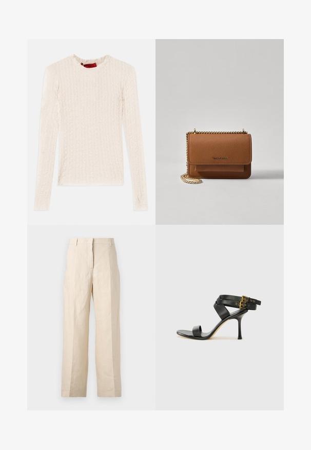 Pikkade varrukatega kreemvärvi top, millel on laineline tekstuuriga muster. Ümmargune kaelus ja sisepinnal peen brändingu silt.; Bež linasest püksid, millel on lõtv istuvus, volditud eesmine osa ja sirged jalad. Omab vööd, millel on vöökohaga silmused, ja nähtavaid taskuid ei ole.; Mustad mustand koos ristatud rihmade ja reguleeritava pandlaga. Omab siledat tekstuuri ja kitsenevat stiletto kontsa.; Pruun tekstureeritud nahk ristkeha kott kuldse ahelaga rihmaga ja klapiga sulgemine. Esiküljel on logo detail ja tasku klapi all.