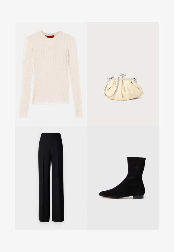 Crèmekleurige lange mouwen top met een textuurpatroon van golvende lijnen. Ronde hals met een subtiel merketiket aan de binnenkant.; Zwarte wijde broek met een gladde textuur, voorzien van een hoge tailleband en middelste plooien. Geen zichtbare patronen of hardware-details.; Zwarte suède enkelboot met een aansluitende schacht, puntige neus en een lage blokhak. Gladde textuur en minimalistisch ontwerp, geschikt voor veelzijdige styling.; Geplooide beige leren clutch met een zilveren metalen frame, voorzien van twee ronde decoratieve sluitingen en een zilveren kettingriem.