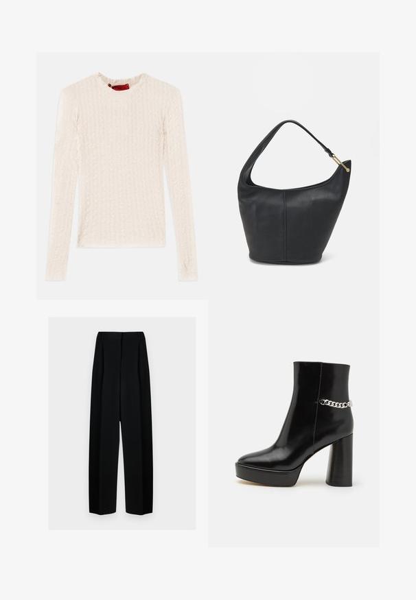 Langermet kremfarget topp med et teksturert mønster med bølgete linjer. Rund hals med en subtil merkeetikett på innsiden.; Svart vide bukser med høy livhøyde, med folder og en glatt tekstur. Stoffet virker lett og faller elegant.; Svart lakkert skinnankelstøvel med tykk plattform og høy blokkhel. Har en sølvkjedeakkent på siden. Glatt tekstur.; Svart lærveske med en rund form, bred stropp og strukturert overflate. Har en subtil sømdetalj og gullfarget beslag.