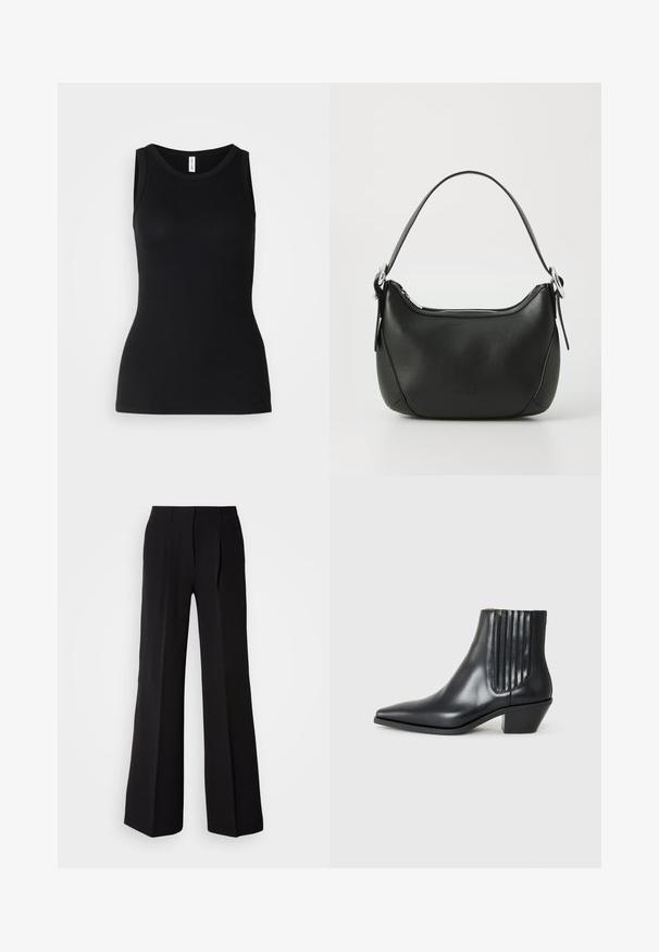 Zwarte mouwloze tanktop van ribbelstof, met een ronde halslijn en een nauwsluitend ontwerp, met een gladde textuur en zonder patronen.; Zwarte broeken van soepele stof, met een hoge taille, wijde pijpen en twee plooien aan de voorkant voor extra ontwerpelementen.; Zwarte leren enkellaars met spitse neus, elastische zijpanelen met verticale groeven en een lage blokhak. Glad oppervlak en slank ontwerp.; Zwarte leren handtas met een gebogen vorm, zilveren rits en een korte handgreep. Bevat een subtiel logo aan de voorkant en een gladde textuur.