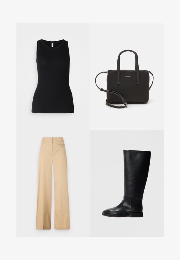 Schwarzes ärmelloses Tanktop aus geripptem Stoff, mit rundem Ausschnitt und figurbetontem Design, glatter Textur und ohne Muster.; Beige weite Hosen aus Baumwollmischgewebe. Sie haben eine glatte Textur, einen elastischen Bund und eine seitliche Knopfdetail.; Schwarze Lederstiefel bis zum Knie mit runder Zehenform, glatter Textur, minimalistischem Design und flacher Sohle. Einfache Nahtdetails am Schaft.; Schwarze Handtasche mit zwei kurzen, doppelt geflochtenen Griffen und einem abnehmbaren Schulterriemen. Glattes, lederähnliches Material mit einem Reißverschluss und Logodetail.