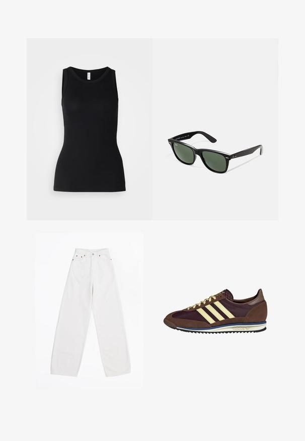 Schwarzes ärmelloses Tanktop aus geripptem Stoff, mit rundem Ausschnitt und figurbetontem Design, glatter Textur und ohne Muster.; Weiße, weit geschnittene Jeans aus Denim, mit fünf Taschen, kupferfarbener Hardware und einer Knopfverschluss. Glatte Textur und gerader Schnitt.; Braune und burgunderfarbene Sneaker aus Wildleder und Mesh-Materialien, mit drei cremefarbenen Streifen, strukturiertem Stoff an der Zunge und einer Gummisohle.; Schwarze Plastiksonnenbrille mit grünen Gläsern, quadratischen Rahmen, silbernem Akzent auf der Augenbraue und strukturierten Bügeln. Angegebene Marke auf dem inneren Bügel.; DRAGON DIFFUSION MINI FLAT GORA - Handtasche - dark brown