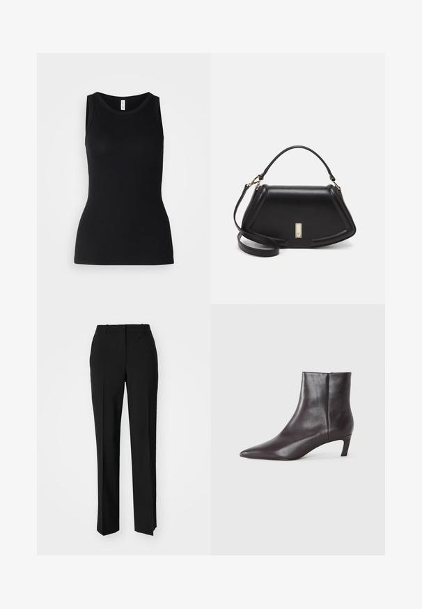Zwarte mouwloze tanktop van ribbelstof, met een ronde halslijn en een nauwsluitend ontwerp, met een gladde textuur en zonder patronen.; Zwarte op maat gemaakte broek met een recht model, voorzien van een soepele textuur en scherpe plooien aan de voorkant. Geen zichtbare hardware.; Zwarte leren enkellaars met spitse neus en lage kitten heel, gladde afwerking, zijrits, getoond op een neutrale achtergrond.; Zwarte leren handtas met een gestructureerd ontwerp, featuring een verkorte vorm, bovenhandvat en gouden hardwareaccent. Inclusief verstelbare schouderband.