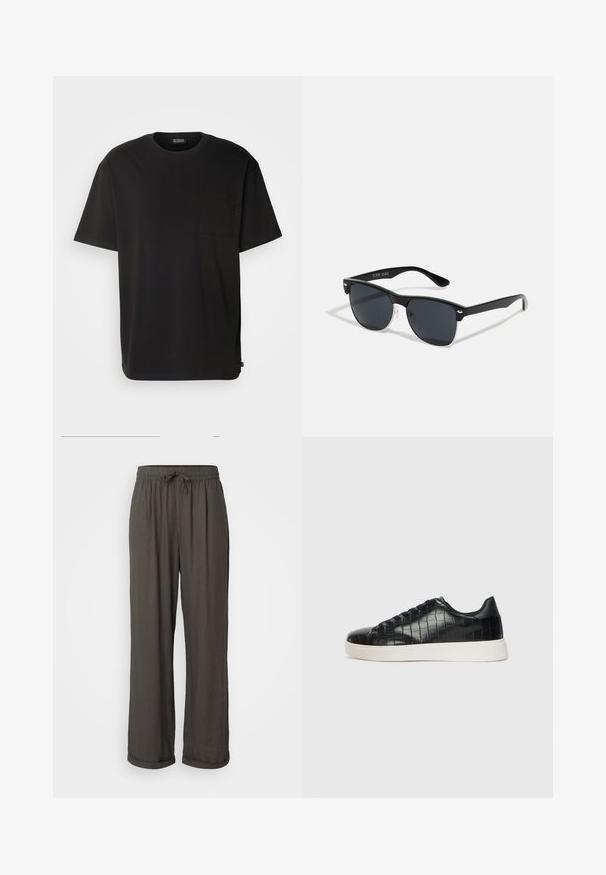Tricou negru cu mânecă scurtă, confecționat din bumbac. Are un buzunar pe piept și o croială lejeră. Design simplu, fără modele sau accente vizibile.; Pantaloni largi gri închis cu talie cu șnur, confecționați dintr-un material moale, texturat, având manșete răsucite la gleznă.; Tenisi negri cu un exterior din piele texturată imitată crocodil, vârf rotund și o talpă din cauciuc alb contrastant, cu un finisaj neted.; Ochelari de soare negri cu o formă rectangulară, lentile întunecate, accente argintii la tâmple și un finisaj mat pe cadru.
