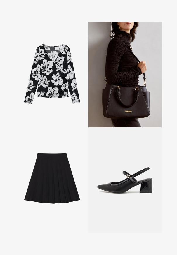 Melna garām piedurknēm augšdaļa ar baltiem ziedu motīviem, ar V-veida kakla dizainu un savilktu sānu detaļu, izgatavota no struktūrētas auduma.; Melna plisētā svārku ir izgatavota no teksturēta auduma ar ietilpīgu jostasvietu. Svārki ir līdz ceļiem un tiem ir gluda, tīra silueta.; Melns patentēts ādas sandales ar norādīta pirksta formu, noapaļotu izgriezuma dizainu un bloķētu papēdi. Iezīmēta ar zelta toņa sprādzi.; Melnā rokassoma ar teksturētu virsmu, diviem augšējiem rokturiem un regulējamu pleca siksnu. Iespējas ar zelta krāsas aparatūru un sānu kabatām.