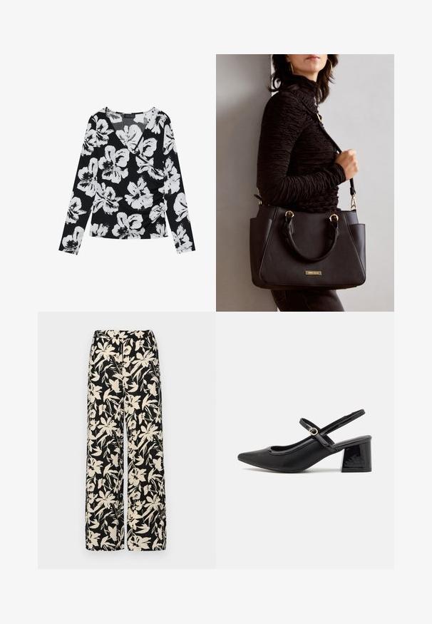 Zwarte lange mouwen top met een wit bloemenpatroon, v-hals ontwerp en geplooide details aan de zijkant, gemaakt van een gestructureerde stof.; Zwarte wijde broek met een crèmekleurig bloemenpatroon. Gemaakt van lichtgewicht stof, met een zachte textuur en een hoge tailleband.; Zwarte gepolijste leren slingback hakken met een spitse neus, een ronde uitsnede en een blokhak. Voorzien van een gouden gespaccent.; Zwarte handtas met gestructureerd oppervlak, dubbele bovenhandvatten en verstelbare schouderriem. Voorzien van goudkleurige hardware en zijzakken.