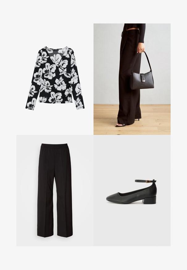 Fekete, hosszú ujjú blúz, fehér virágmintával, V nyakú fazonnal és ráncolt oldali részletekkel, texturált anyagból készült.; Fekete, bő szárú nadrág, redős dizájnnal, rugalmas derékkal és sima szövettextúrával. Különböző alkalmakra alkalmas.; Fekete bőr magassarkú cipő hegyes orral és alacsony tömb sarkal. Bokapánttal rendelkezik, aranyszínű csattal. Simább textúra.; Fekete kézi táska strukturált formával, sima textúrával és fémből készült záródással. Széles fekete nadrággal és nyitott orrú szandállal párosítva, fából készült padlón.