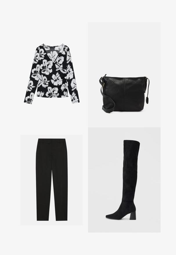 Must have mustrik, mille pikkade varrukatega, valge lillemustriga, v-kaeluse disainiga ja kogutud külje detailiga, valmistatud tekstureeritud kangast.; Mustad püksid, millel on kohandatud disain, küljetaskud ja sirge sääreosa. Valmistatud sileda, kerge kangaga, millel on peen viimistlus.; Must must ümberpööratud musta nahast põlve kõrgune saapad blokknõelaga, terava varbaga ja sujuva, õmblusteta disainiga, asetatud heledale taustale.; Must värvi nahast ristiõlakott, millel on lame kuju, kuldne metallist detailide aktsent ja reguleeritav rihm. Sile tekstuur väheste õmblusdetailidega.