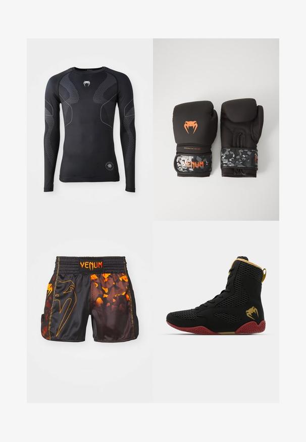 Črna športna majica z dolgimi rokavi, izdelana iz elastičnega materiala, z nasprotnimi sivo obrobo in teksturno vzorcem na rokavih in straneh.; Črne in oranžne Venum kratke hlače s sijočim finišem, kontrastnimi kamuflažnimi vzorci in elastičnim pasom z logotipom.; Športni čevlj z visokim zgornjim delom, izdelan iz črnega mrežastega in sintetičnega materiala, z teksturiranimi poudarki, rdečim gumo podplatom in zlatimi detajli na gležnju.; Črne boksarske rokavice z mat površino in ergonomsko zasnovo. Detajli v oranžni barvi in zapestnice v vojaškem vzorcu.