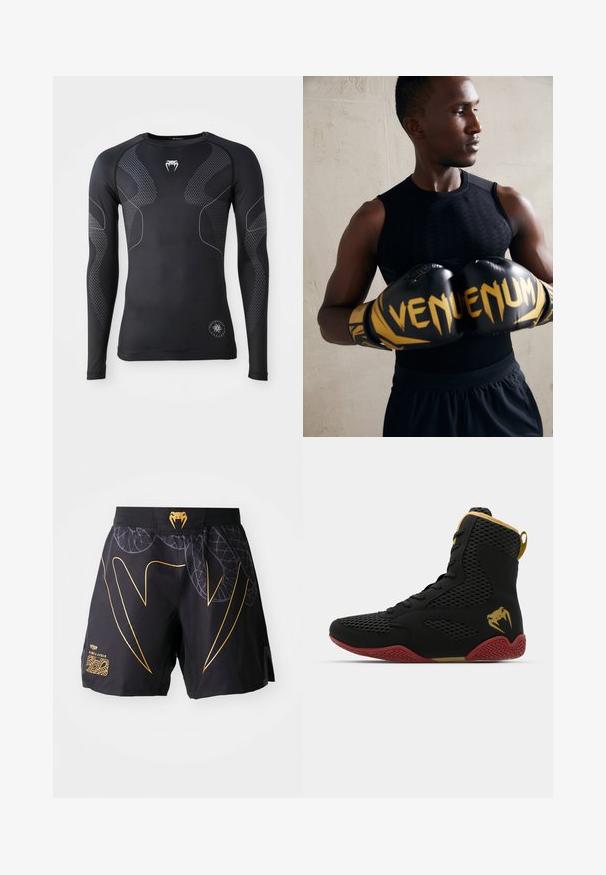 Camisa deportiva negra de manga larga, hecha de material elástico, con acentos en gris que contrastan y un patrón texturizado en las mangas y los laterales.; Pantalones cortos atléticos negros con diseño de colmillo de serpiente dorado, patrones de hojas y un logotipo de cabeza de serpiente dorada en la cinturilla sobre un fondo blanco.; Zapatilla deportiva alta de malla negra y material sintético, con acentos texturizados, suela de goma roja y detalles en dorado en el tobillo.; Guantes de boxeo negros con acentos dorados y la marca "VENUM". El atleta lleva una camiseta sin mangas negra, que muestra una musculosa fisionomía.