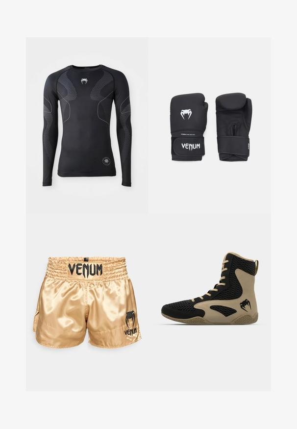 Langärmliges schwarzes Sporthemd aus dehnbarem Material mit kontrastierenden grauen Akzenten und einem strukturierten Muster an Ärmeln und Seiten.; Goldene Satin-Boxershorts mit schwarzem "VENUM"-Logo am Bund und an der Seite, mit einer glatten Textur und elastischem Bund für maximalen Komfort.; Hochschuh mit schwarzem Mesh-Obermaterial und beigen Akzenten. Strukturiertem Gummisohle und Logodetail an der Seite.; Schwarze Boxhandschuhe mit glatter Oberfläche, ausgestattet mit einem weißen Venom-Logo und einem verstellbaren Klettverschluss für einen sicheren Sitz.