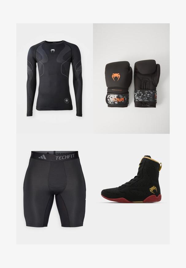 Langärmliges schwarzes Sporthemd aus dehnbarem Material mit kontrastierenden grauen Akzenten und einem strukturierten Muster an Ärmeln und Seiten.; Schwarze Sportshorts aus glattem, elastischem Material. Mit einem breiten, markierten Bund und Flachnähten für Komfort und Langlebigkeit.; Hochschuh-Sportschuh aus schwarzem Mesh und synthetischem Material, mit strukturierten Akzenten, roter Gummisohle und goldenen Details am Knöchel.; Schwarze Boxhandschuhe mit matter Oberfläche und ergonomischem Design. Orangefarbene Logodetails und armeeähnlich gemusterte Handgelenkriemen.