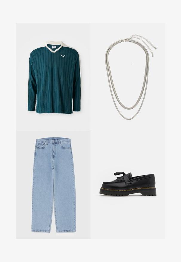 Mėlyna ilgomis rankovėmis marškinėliai su vertikaliai briaunuota tekstūra, V formos iškirptė ir balta apykaklė. Ant krūtinės yra nedidelis baltas Puma logotipas.; Šviesiai mėlyni džinsai su tiesiomis kojomis, turintys vidutinio aukščio juosmenį, penkias kišenes ir mygtuko bei užtrauktuko uždarymą.; Juodas odinis loaferis su kutais, turintis masyvų juodą pado ir geltonus siūlus palei kraštą. Textūruota danga.; Trijų sluoksnių sidabrinė metalinė apyrankė, kuri pasižymi stilingomis, lankstosiomis grandinėlėmis su švelniu blizgesiu, užsegama krabų užsegimu ir reguliuojama grandinė.