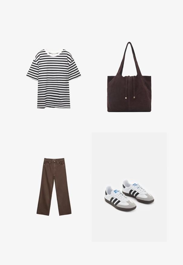 Črno-bele črtaste majice s kratkimi rokavi, okroglo izrezom in sproščenim krojem. Tkanina se zdi mehka in gladka z enakimi črtami.; Široke rjave kavbojke iz denima, ki imajo visok pas, sprednje žepe in klasično zapiranje na gumb. Gladka tekstura s subtilnim šivom.; Športni čevlji z belim usnjenim zgornjim delom, sivim semišem na prstih in tremi črnimi črtami. Imajo modro logo na jeziku in teksturiran gumijast podplat.; Mango Torba za nakupovanje - dark brown