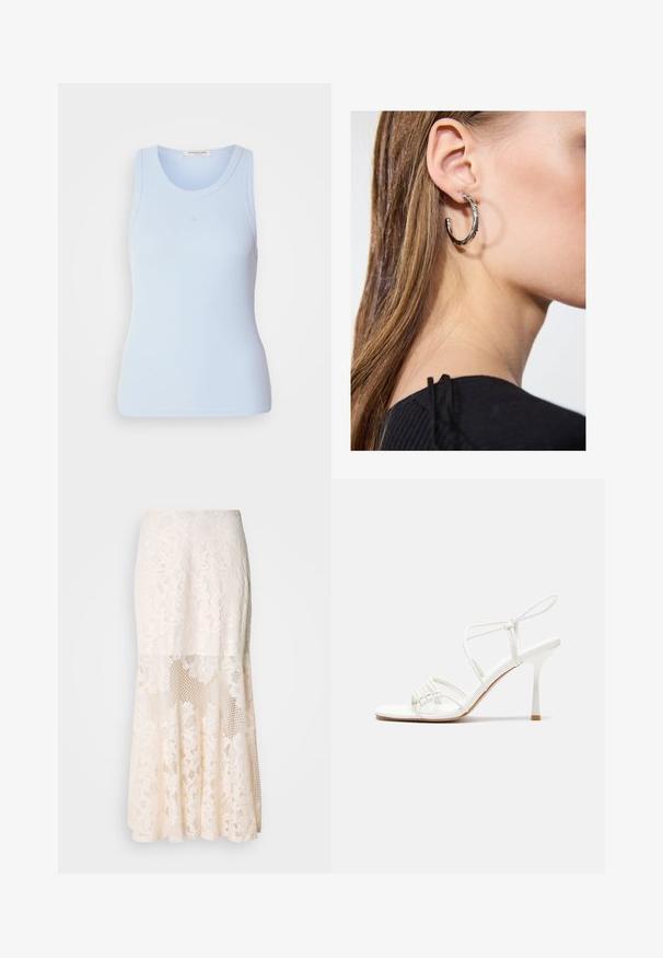 Hele sinine ribadega tank topp ümmarguse kaeluse ja ilma varrukateta disainiga, millel on peened õmblused ja keha lähedane siluett.; Kreemikas lilleline pitsi midi seelik; sisaldab kihilise kujunduse, läbipaistvate osade, tekstureeritud pitsi ja laienevat hemmi.; Valge rihmadega kõrge kontsaga sandaal, millel on lamedad varbatoed, tekstuuriga esiosa kogutud detailidega ja kitsas pahkluu rihm.; Hõbedane rõngas kõrvarõngas poleeritud viimistlusega, millel on väikesed kuldsed aktsendid ja ümmargune kuju, kantud lobus.