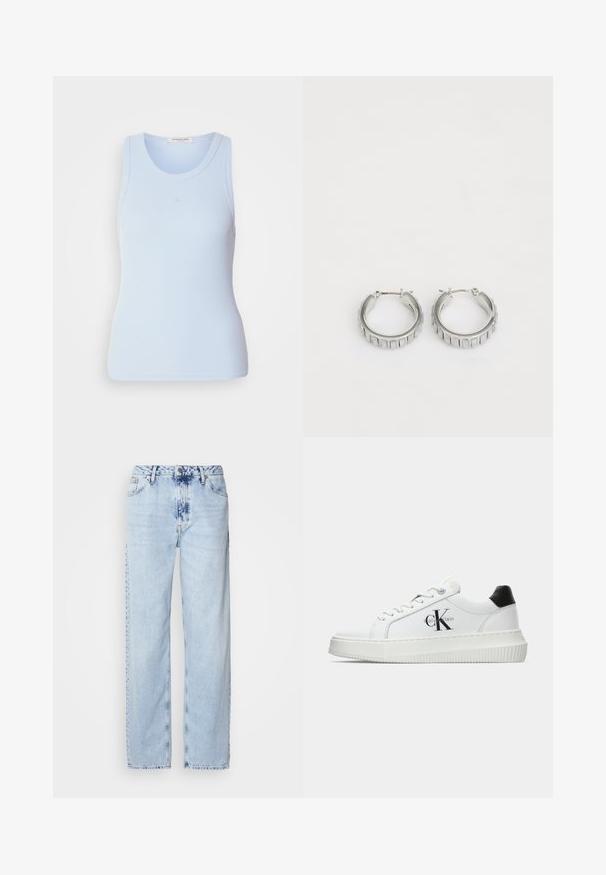 Hele sinine ribadega tank topp ümmarguse kaeluse ja ilma varrukateta disainiga, millel on peened õmblused ja keha lähedane siluett.; Heledad sinise värvi laiad teksad, mis on valmistatud denimist, kõrge vöökoht, pleekinud pesu ja peen tie-dye muster ettepoole.; Valge madalate sokkidega jooksutoss, millel on must konts, platvormi tallad, paelad ja Calvin Kleini "CK" logo küljel.; Hõbedased rõngassõrmed tekstureeritud disainiga, kus on vertikaalsed sooned. Ümmargune kuju ja kindel lukustus. Sile viimistlus.