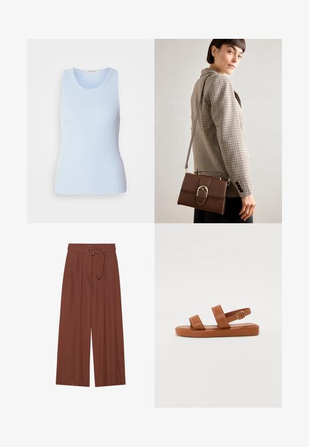Světle modrý žebrovaný top s kulatým výstřihem a bezramínkovým designem, s jemnými švy a přiléhavým střihem.; Široké kalhoty z hnědé tkaniny, které mají pás s čtvercovou sponou, sklady a hladkou texturu.; Hnědé kožené sandály se dvěma širokými pásky a zadním páskem, s plochou podrážkou a jemným šitím, doplněné kovovou sponou.; Hnědá kožená crossbody taška se zlatou sponou, obdélníkový tvar, hladký povrch a odnímatelný popruh.
