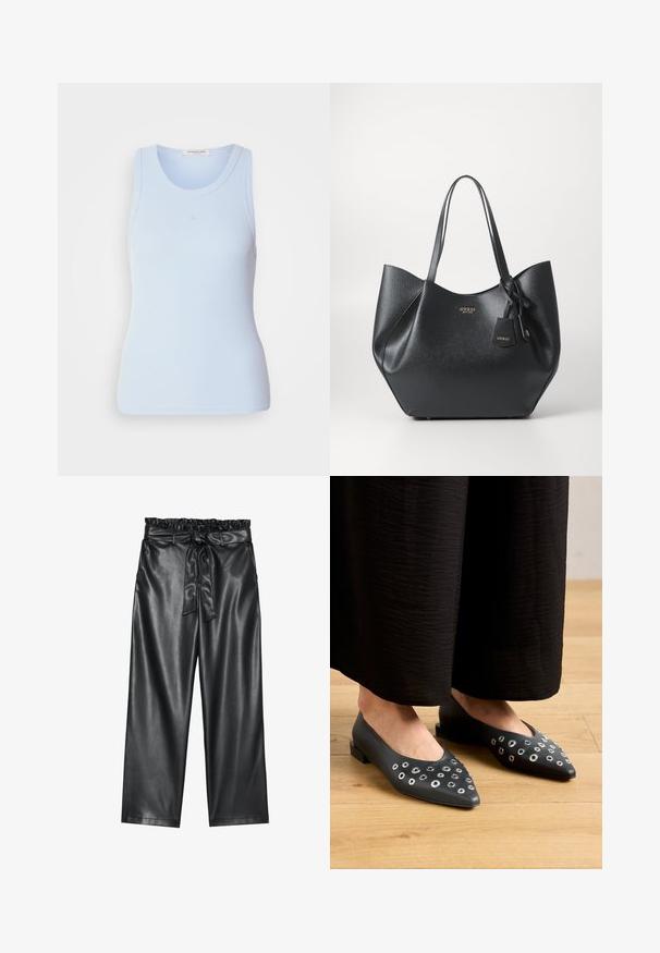 Vaalea sininen ribattukangasta oleva hihaton t-paita, jossa on pyöreä pääntie ja istuva leikkaus. Paidassa on hienovaraisia ompeluyksityiskohtia.; Mustat tekonahkaleggingsit, joissa on joustava, röyhelöillä varustettu vyötärö ja irrotettava solmiovyö. Sileä pinta ja minimaalinen kiilto.; Mustat nahkakengät, joissa on kärjellinen malli, vaihtelevia kokoja olevilla metallisilla niiteillä ja matala neliönmallinen korko. Sujuva pinta puulattialla.; Musta kassi, joka on valmistettu tekstuurisesta synteettisestä materiaalista ja jolla on leveä muotoilu. Kassi on varustettu kahdella kahvalla ja brändätyllä riipuksella.; Hopea renkaankorvakoru kiiltävällä pinnalla, jossa on pieniä kultaisia yksityiskohtia ja pyöreä muoto, käytetty korvalla.