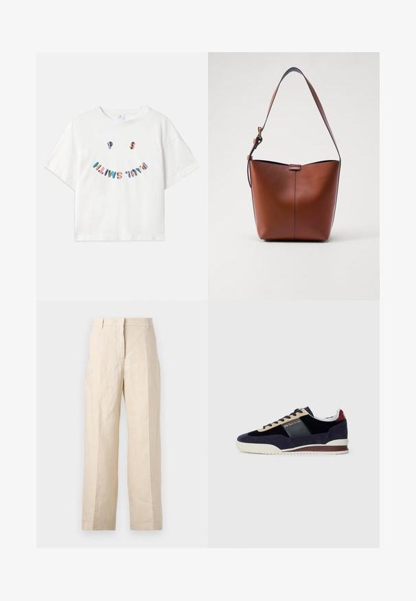 Witte katoenen t-shirt met korte mouwen, ronde halslijn en een kleurrijke "P.S. Smile" grafiek gedrukt in een gebogen indeling op de voorkant.; Beige linnen broek met een losse pasvorm, geplooide voorkant en rechte pijpen. Beschikt over een tailleband met riemlussen en geen zichtbare zakken.; Marineblauwe suède sneakers met beige en donkerblauwe accenten. Beschikt over een witte rubberen zool en gouden branding aan de zijkant. Klassiek atletisch ontwerp.; Bruine leren schoudertas met een gebogen vorm, gladde textuur en een enkele dunne schouderband. Heeft een subtiele naad en een klein logo-detail.