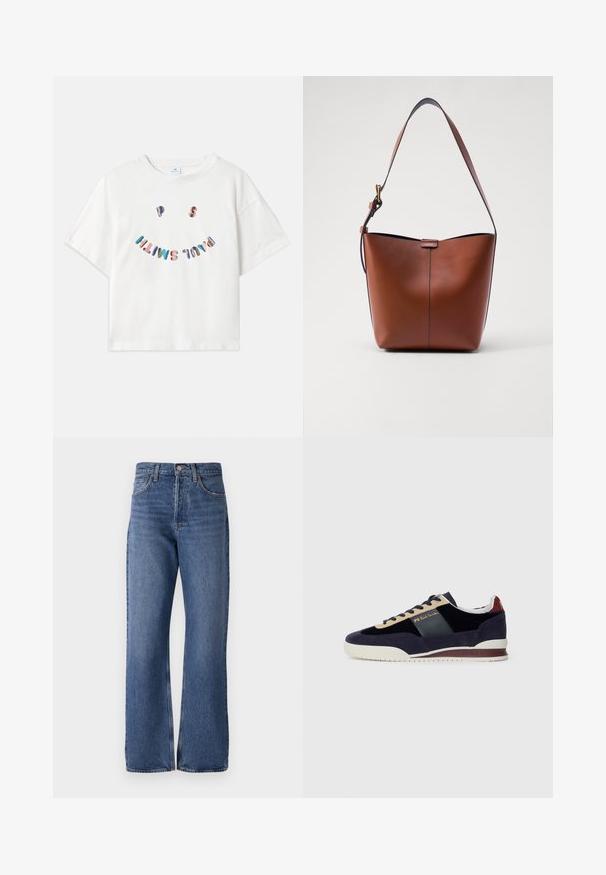Fehér pamut póló rövid ujjal, kerek nyakkivágással, és egy színes "P.S. Smile" grafikával, amely ívelt elrendezésben van nyomtatva az elülső részen.; Kék farmernadrág, magas derékkal, széles lábszárral, klasszikus öt zsebes kialakítással és finoman halványodó anyaggal.; Tengerészkék nubuk sportcipő bézs és sötétkék akcentusokkal. Fehér gumitalppal és arany logóval az oldalon. Klasszikus sportos dizájn.; Barna bőr válltáska ívelt formával, sima felülettel és egy vékony pánttal. Diszkrét varrással és kis logóval rendelkezik.