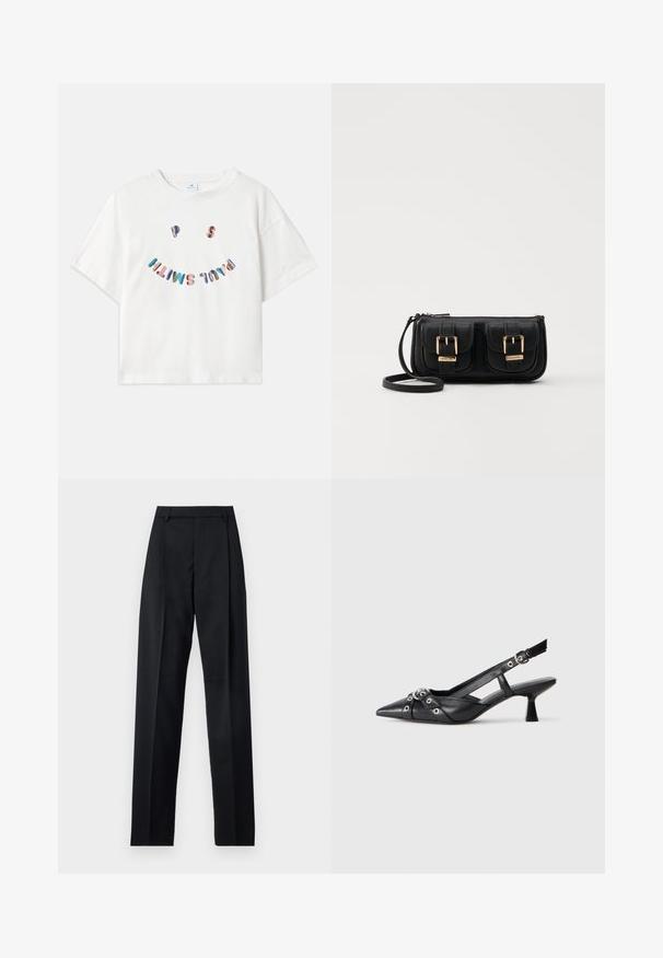 White cotton t-shirt with short sleeves, round neckline, and a colorful "P.S. Smile" graphic printed in a curved layout on the front.; Black trousers made from smooth fabric featuring a high waist, wide legs, front pleats, and classic belt loops. No side pockets visible.; Black leather slingback shoe with a pointed toe, decorative straps featuring metal eyelets, and a low block heel. Textured surface.; Black leather crossbody bag with two front pockets, gold buckles, zipper closure, and a slim strap. Textured surface and compact rectangular shape.
